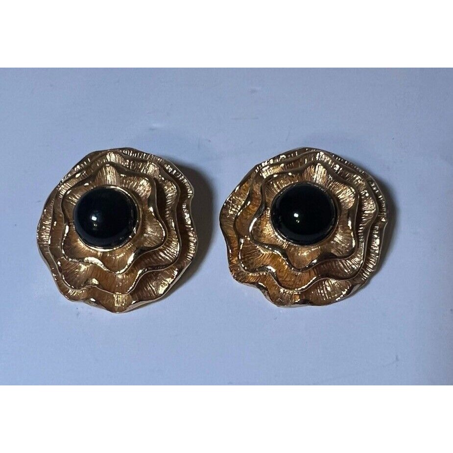 Gold Plated Black Lucite Musi Floral Shoe Clips